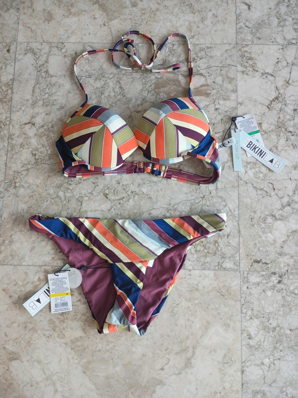 BikiniLab Multicolor Striped Push-Up Bikini Set Top L, Bottom M NWT